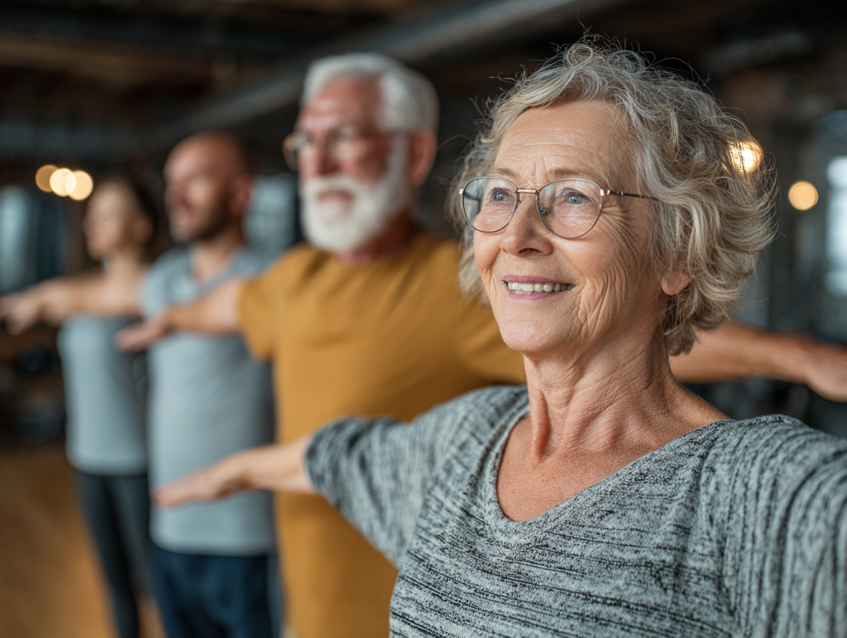 Активные люди старшего возраста занимаются фитнесом